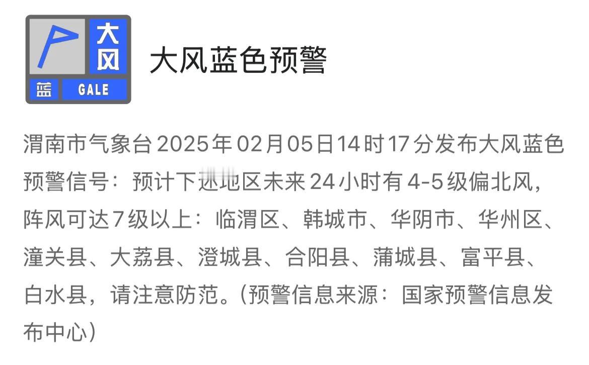 渭南市气象台2025年02月05日14时17分发布大风蓝色预警信号，请注意防范。