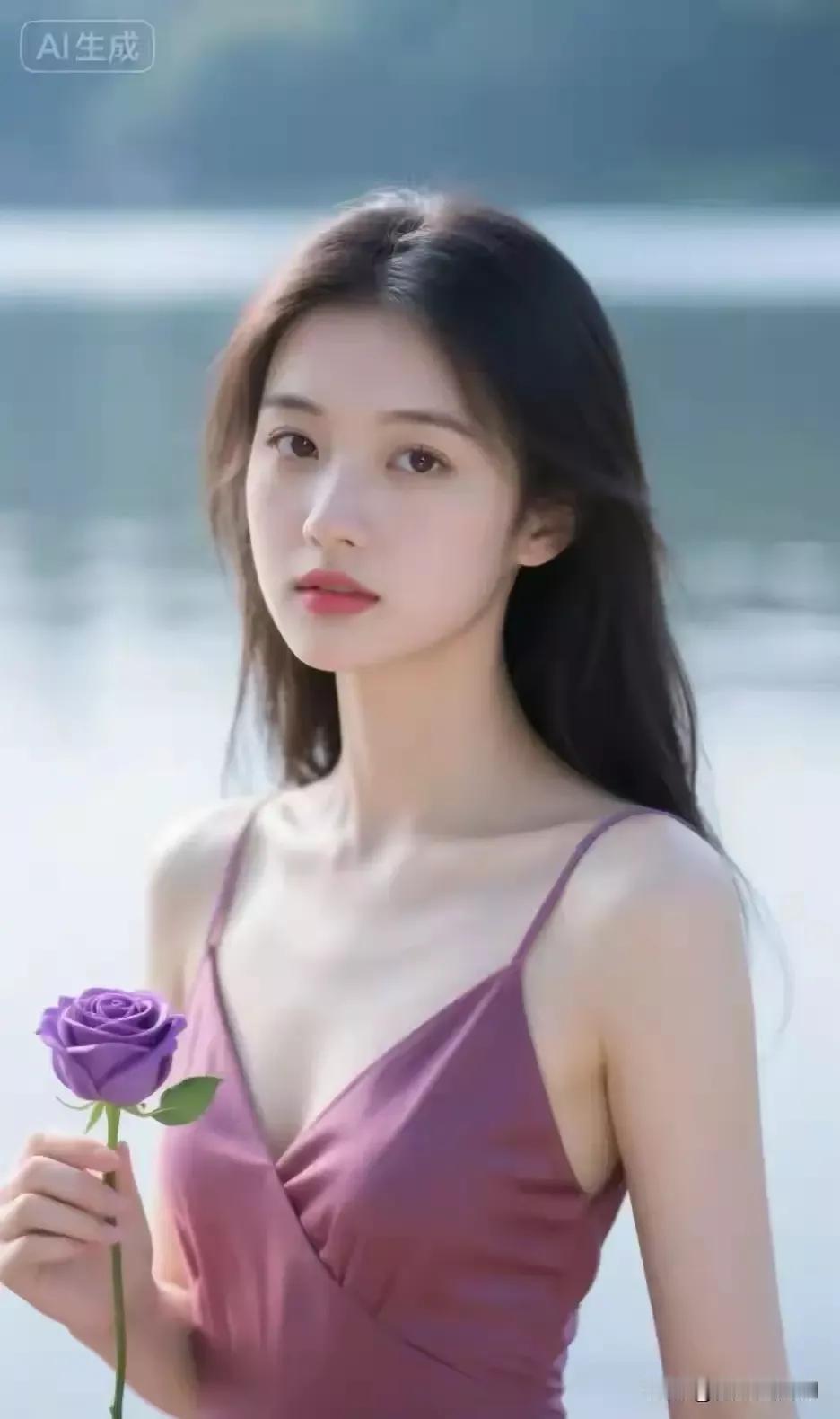 优雅紫玫瑰，静谧湖畔的浪漫少女粉色的优雅漫步 玫粉色系玫瑰 紫色花海女神 紫裙淑