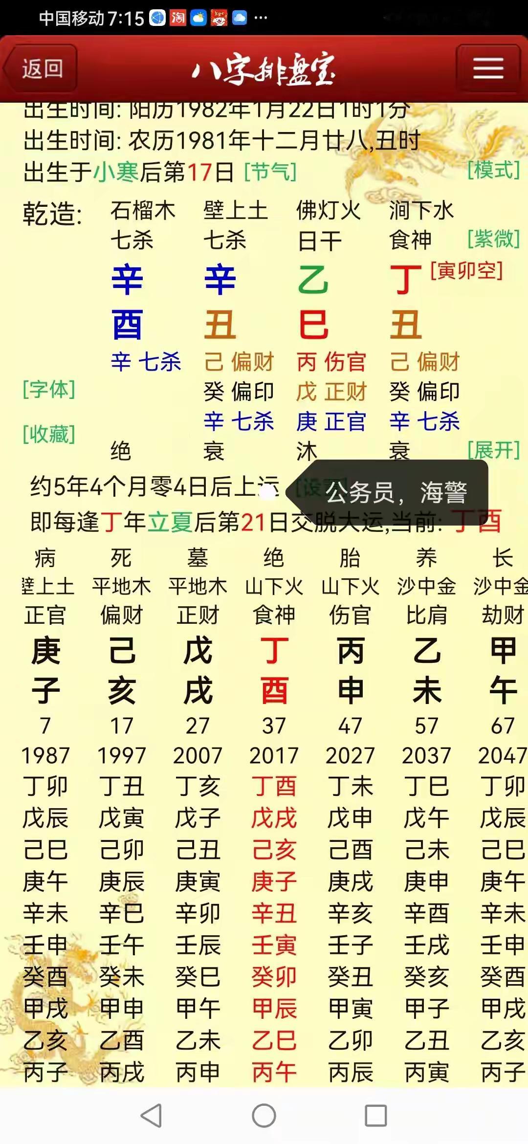 偏官有制不言凶，天干食神支带合。这个人海军三级士官转业后进入公务员队伍！ 第一学