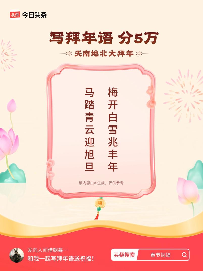 写拜年语送祝福新春拜年送祝福！我的祝福是：“马踏青云迎旭旦，梅开白雪兆丰年”！快