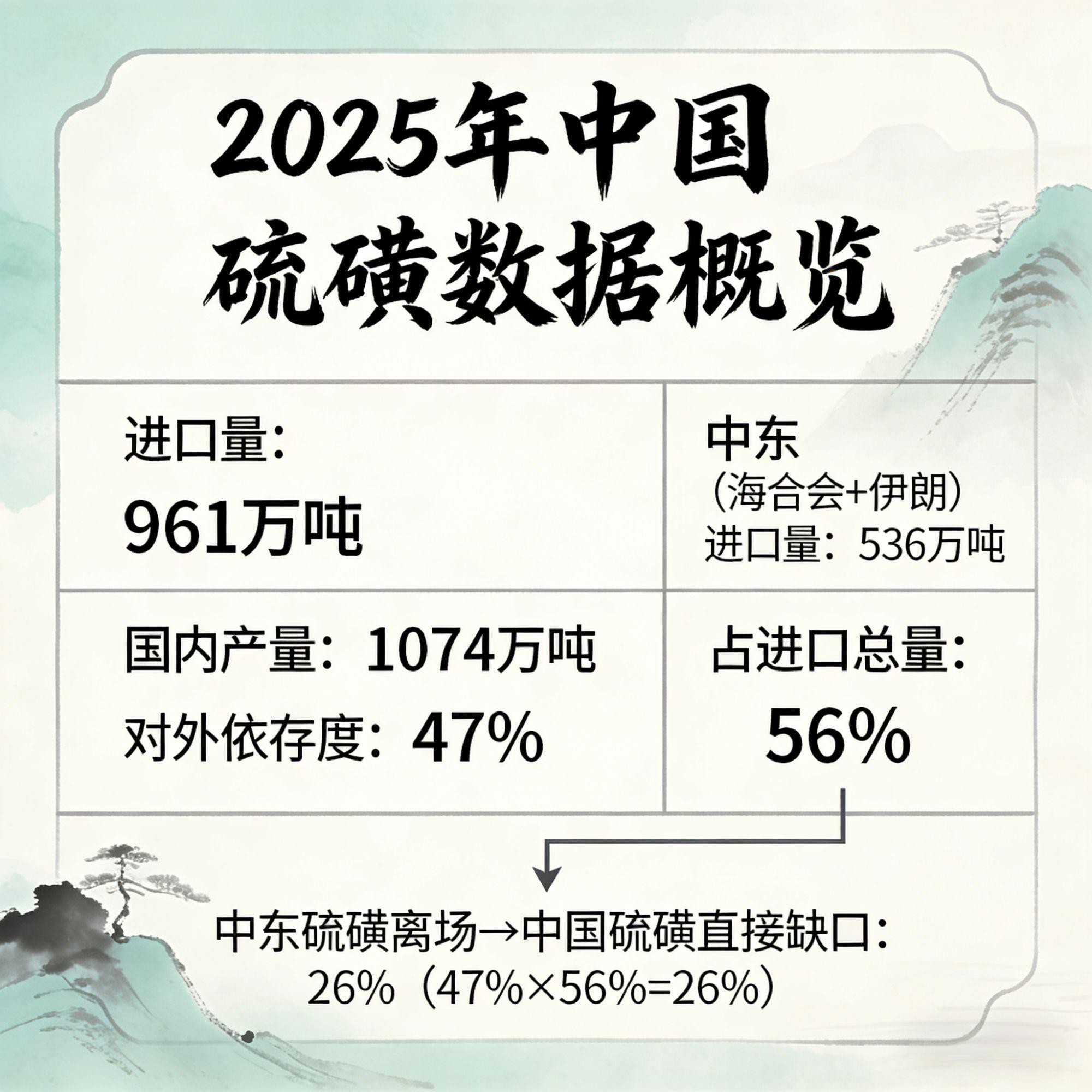 2025年, 我国硫磺: 进口961万吨, 国内产量1074万吨。对外依存度47