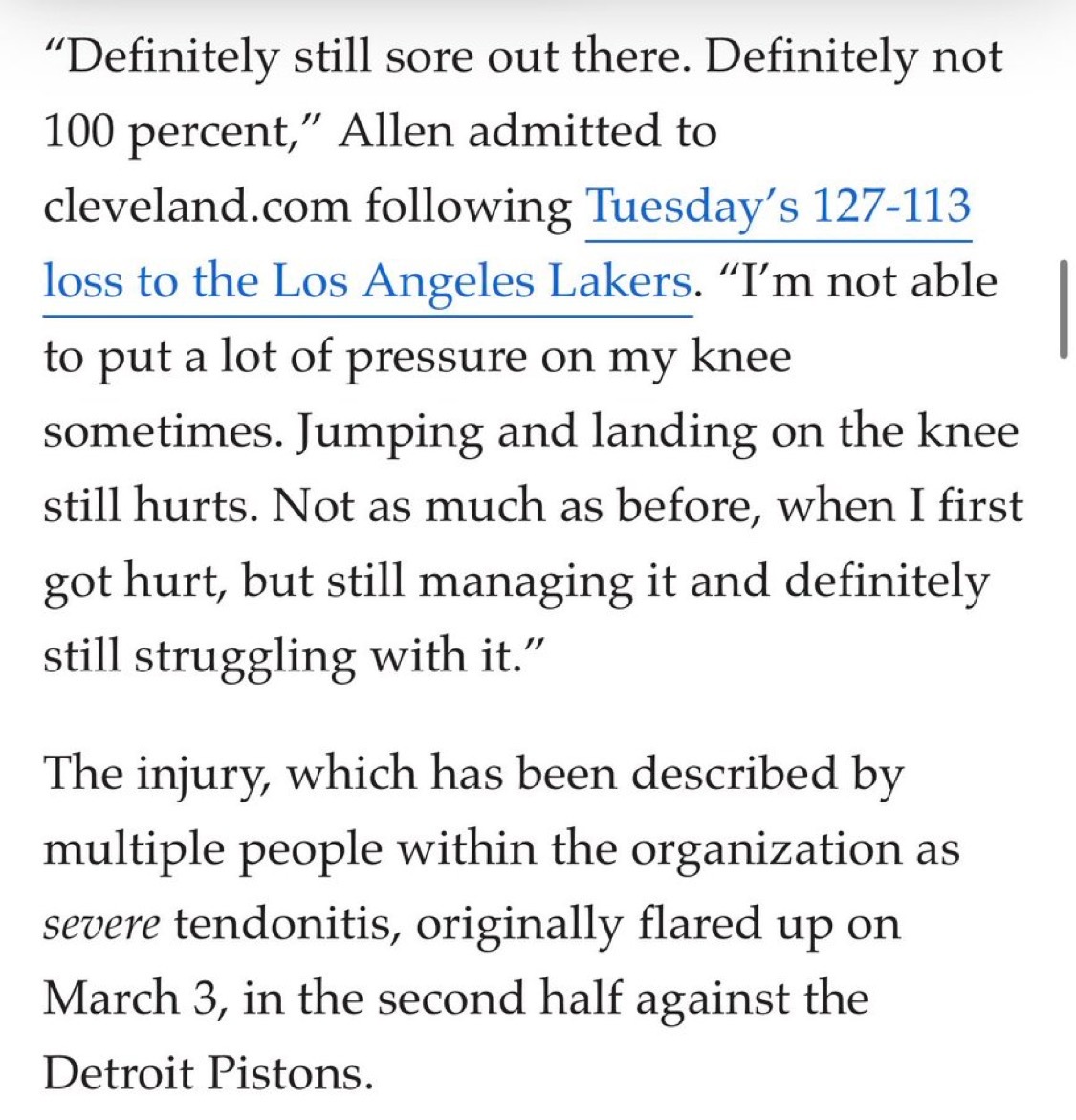 阿伦：“我的膝盖仍然感到酸痛，肯定没有100%完全恢复。有时我无法给膝盖施加太多