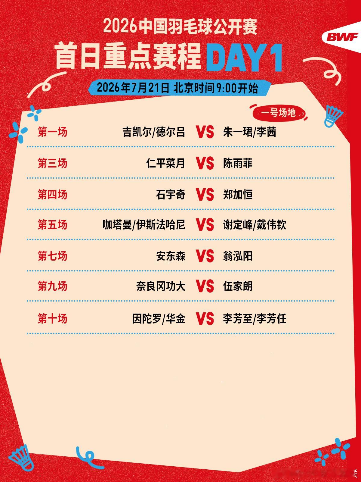 2026年中国羽毛球公开赛 首日重点赛程🔥第一日赛程 上午九点开打🏸焦点战?