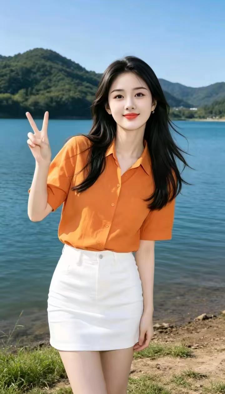 捣练子·湖畔少女
湖岸静，柳风柔，
橙衫白袂俏回眸。
轻扬玉手含欢笑，
一派清妍