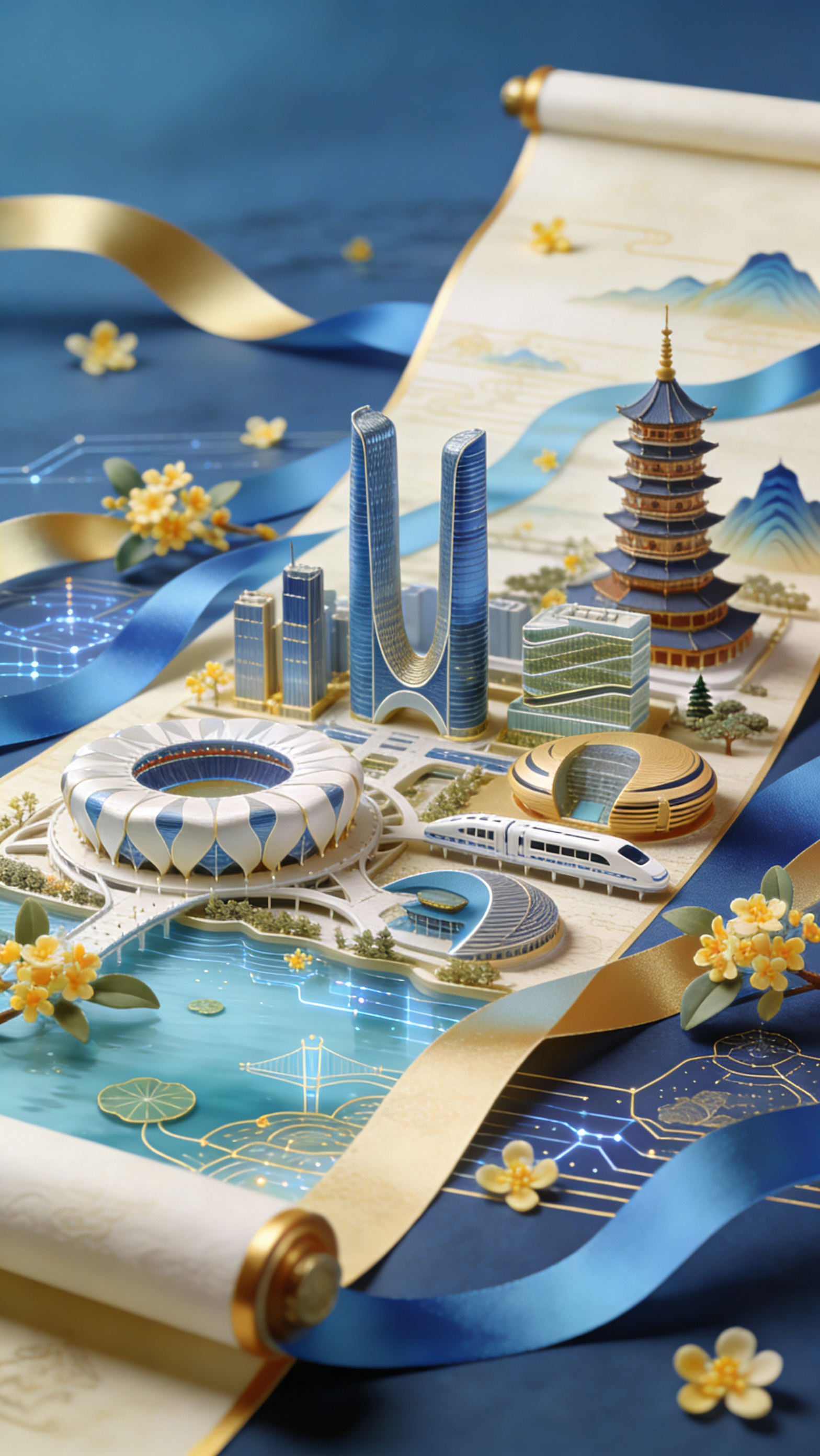 【AI设计】杭州城市主题插画，微缩立体场景，现代中式融合美学，一张巨大的画卷向远