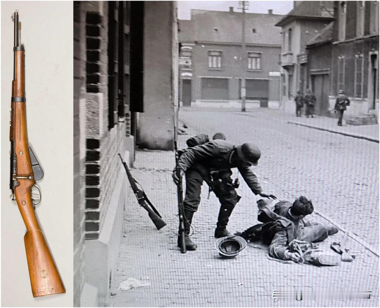 1940年5月23日，比利时图林战役。一名德国士兵试图帮助受伤倒地的法国士兵。画
