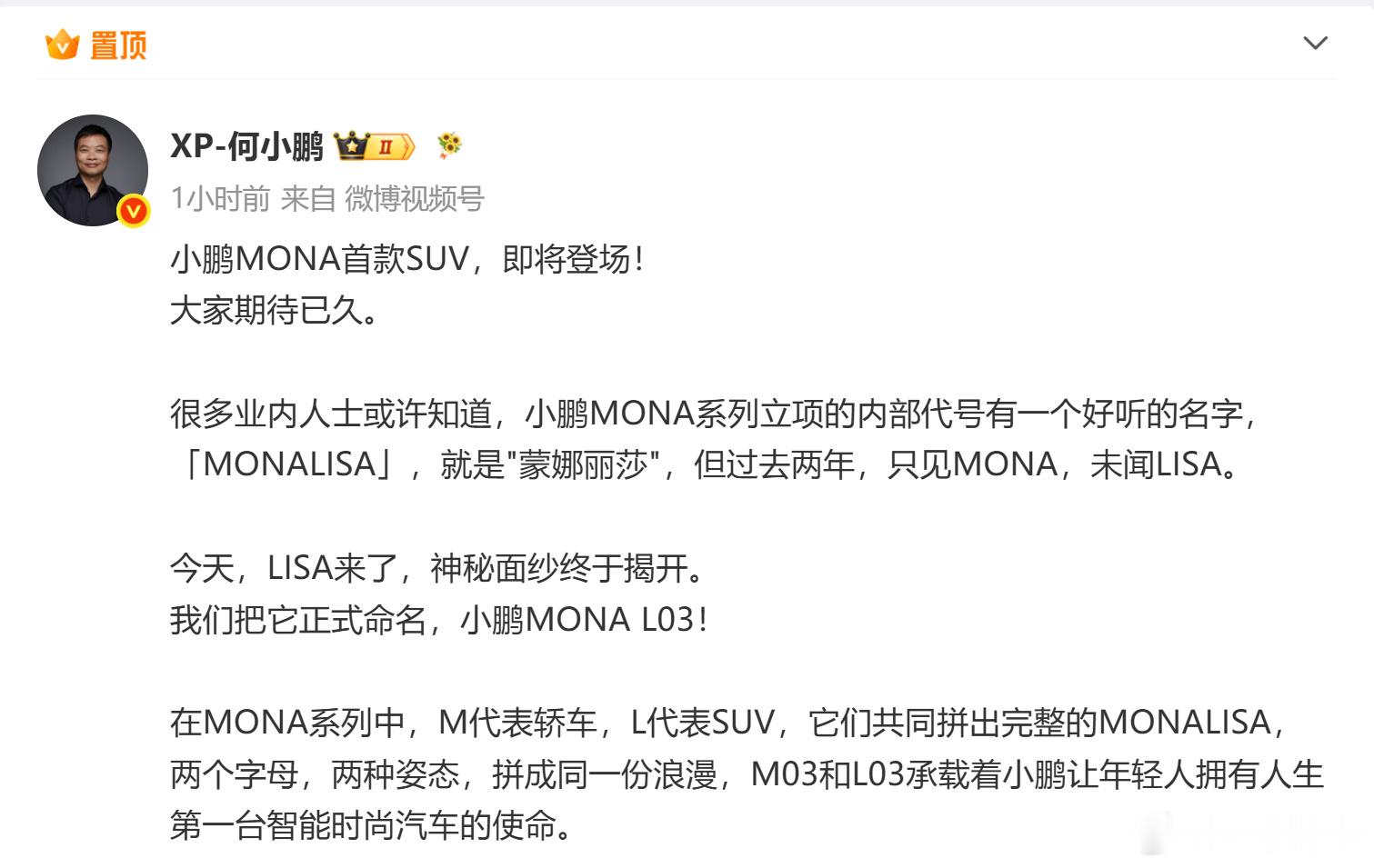 小鹏MONA首款SUV，内部代号：MONALISAMONA L03 ，听着像MO