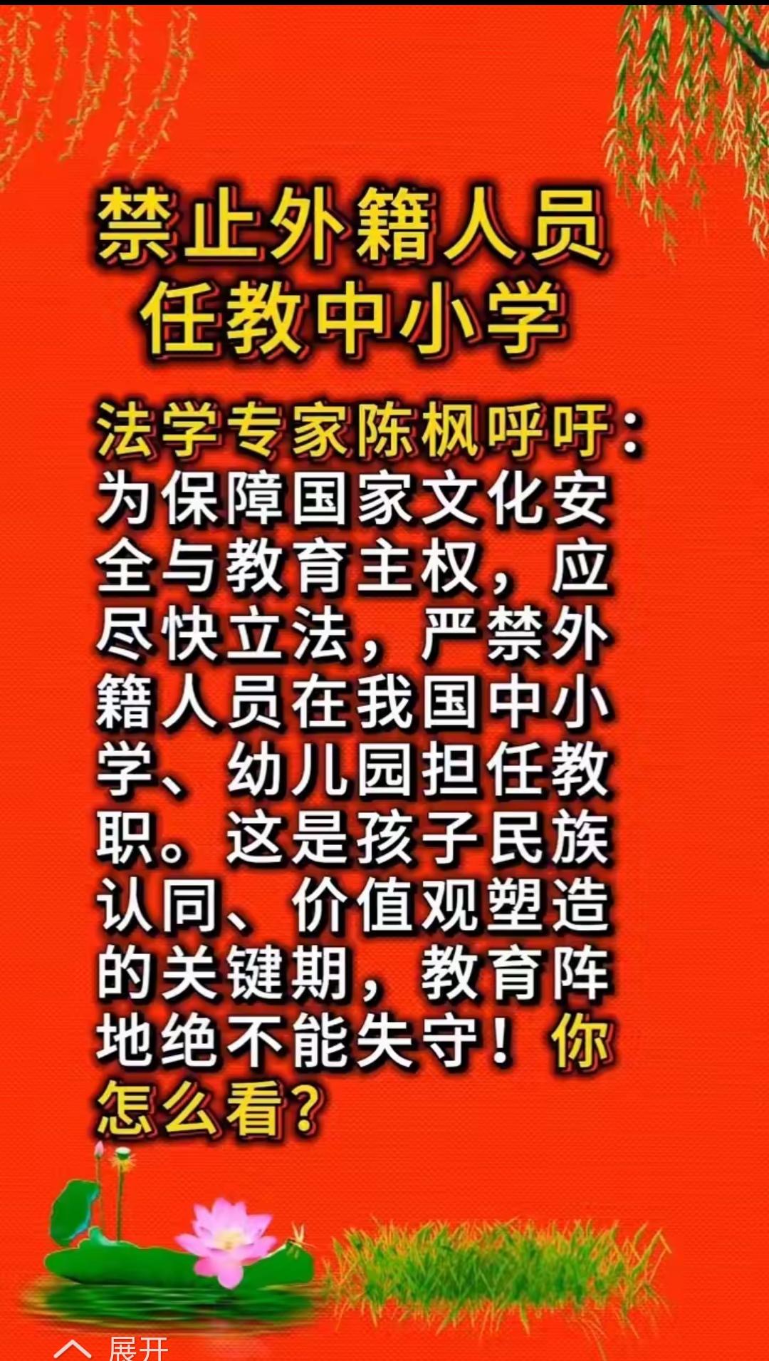 举双手赞成！
法学专家陈枫的呼吁！禁止外籍人员任教中小学！自家娃打根基的关键期，