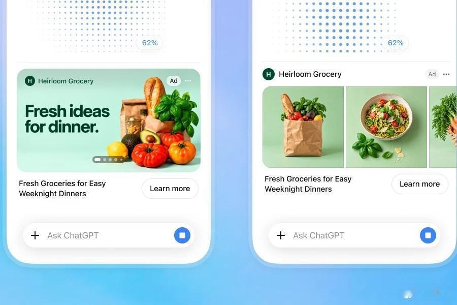 OpenAI在ChatGPT中投放更多视觉广告
 OpenAI最新的广告形式将在
