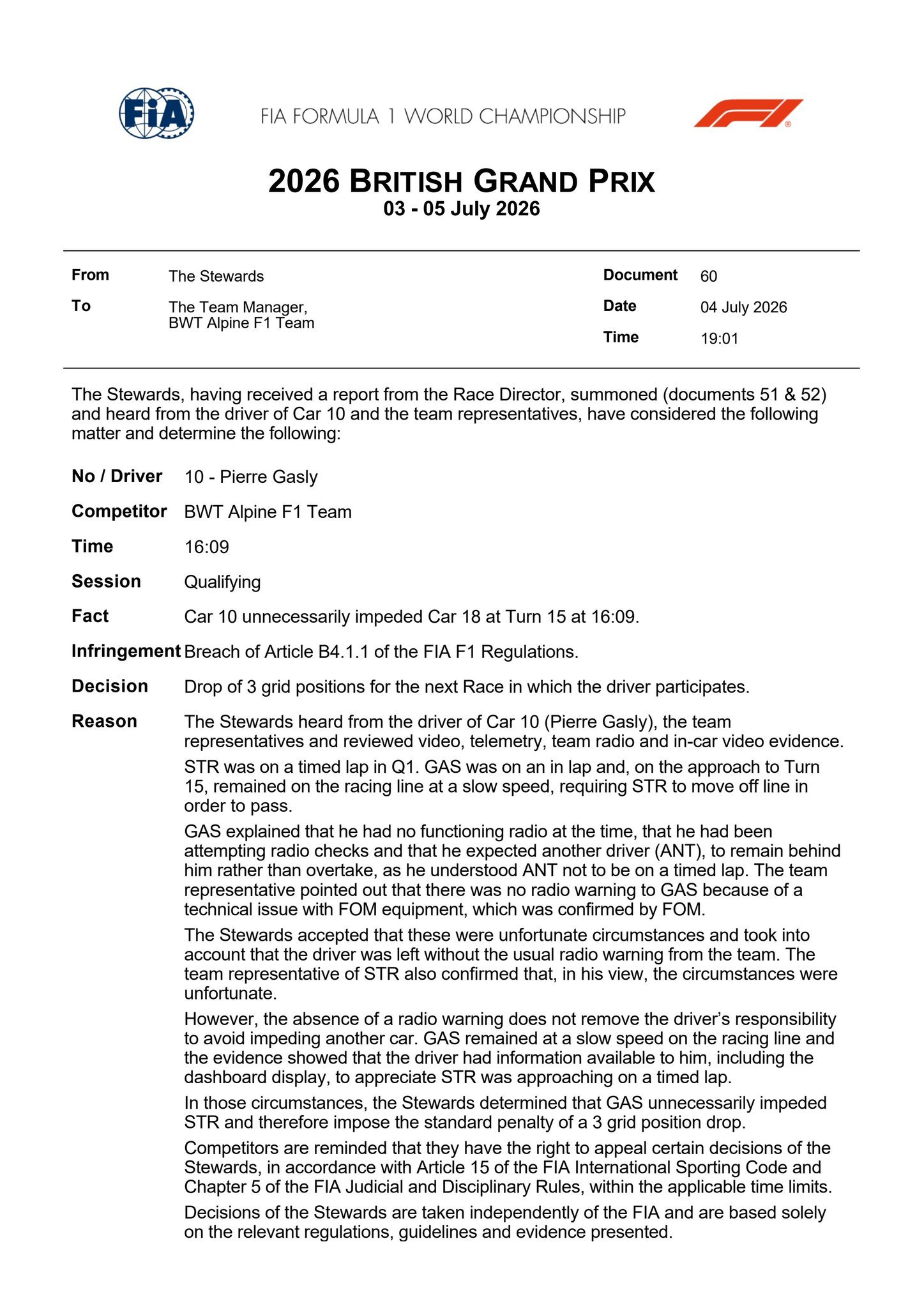 加斯利因为在Q1阻挡斯托尔，被罚退后3位起步f12026f1英国大奖赛