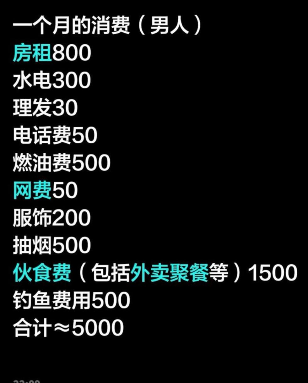 网传普通男生一个月开销清单，算下来差不多五千块。
房租水电日常刚需，抽烟吃饭，偶