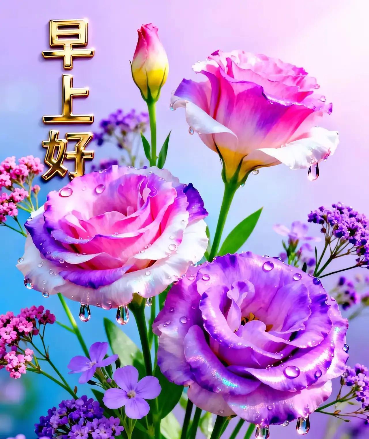 早上推开窗户，一股清凉的湿气扑面而来，花瓣上挂满了晶莹的露珠，一滴一滴往下落，像