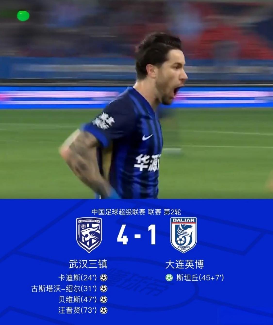 武汉三镇4-1大连英博，看完比赛有三点切身感受：
1.对大连英博预期过高了，赛季