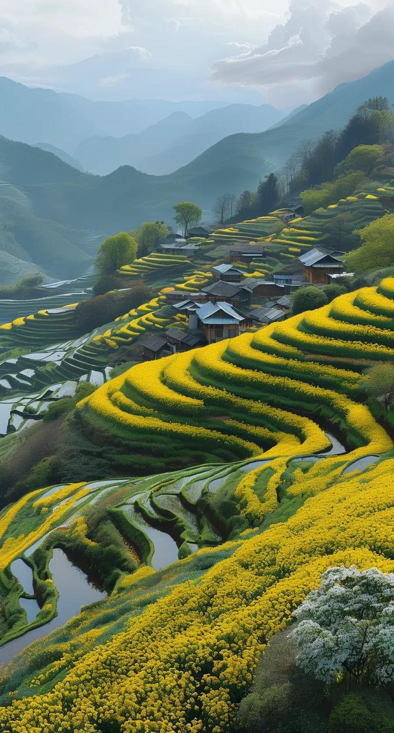 那里是人与自然共生的典范，四季景色变幻：春天灌水如镜，夏天绿浪翻滚，秋天金黄稻浪