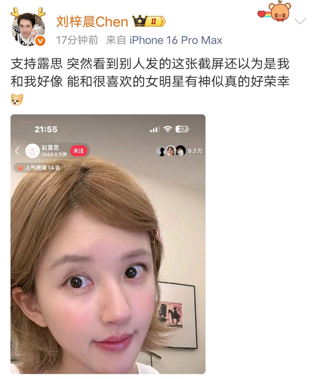 刘梓晨发文力挺赵露思刘梓晨说赵露思和他好像刘梓晨发文力挺赵露思 ，并说赵露思和他