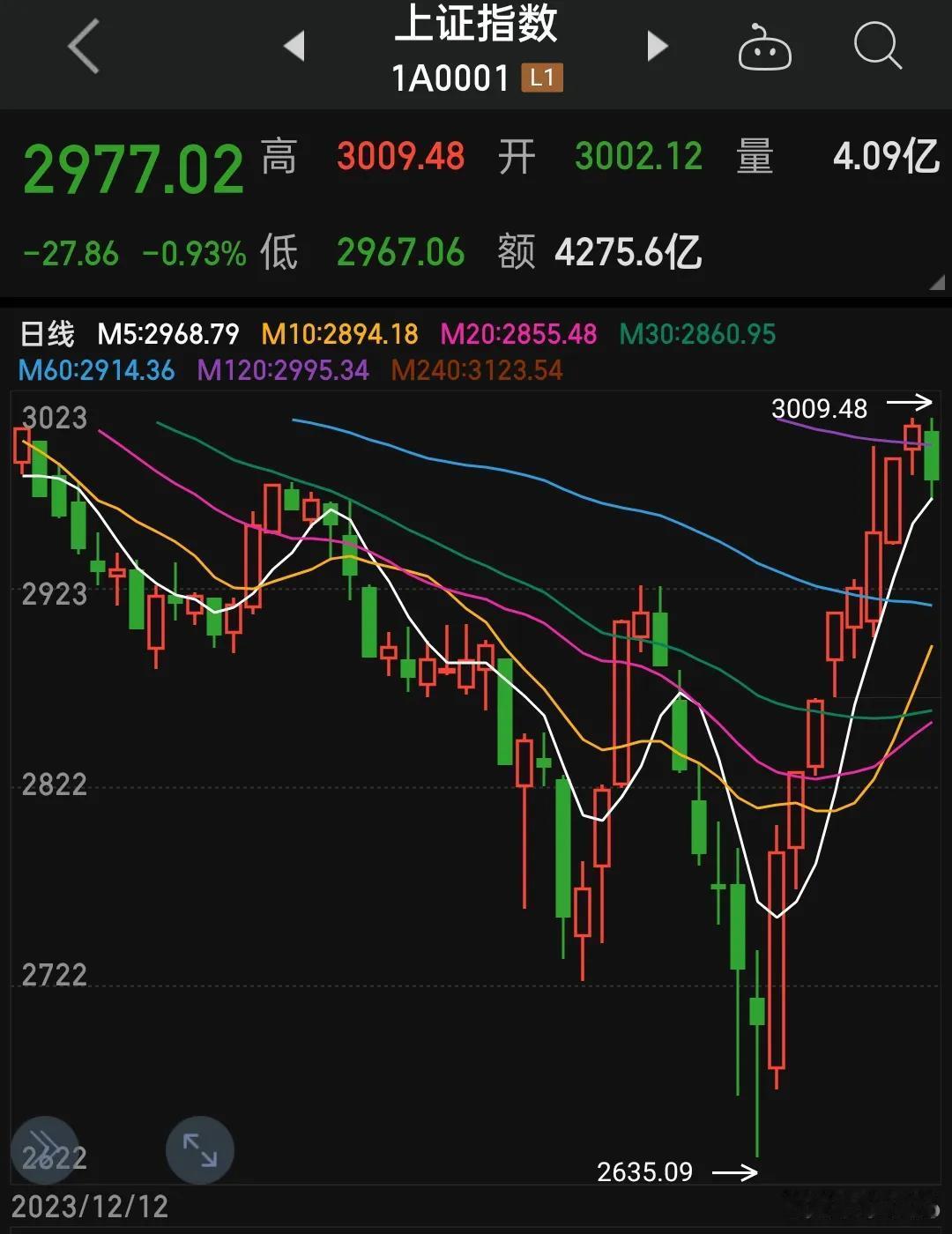 上证指数收盘2977点，下跌0.93％。没能练成九阳成功。跌的时候，弃之如敝履；