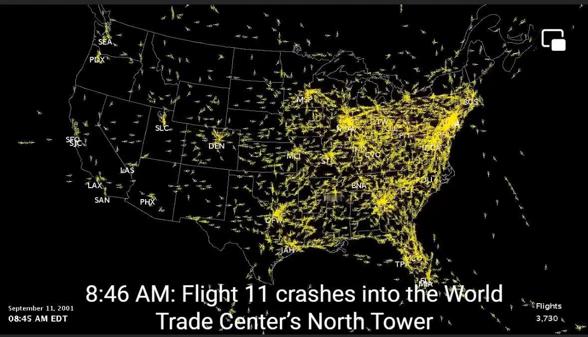 911当天的空域对比图。

2001年911恐怖袭击事件发生后，美国联邦航空管理