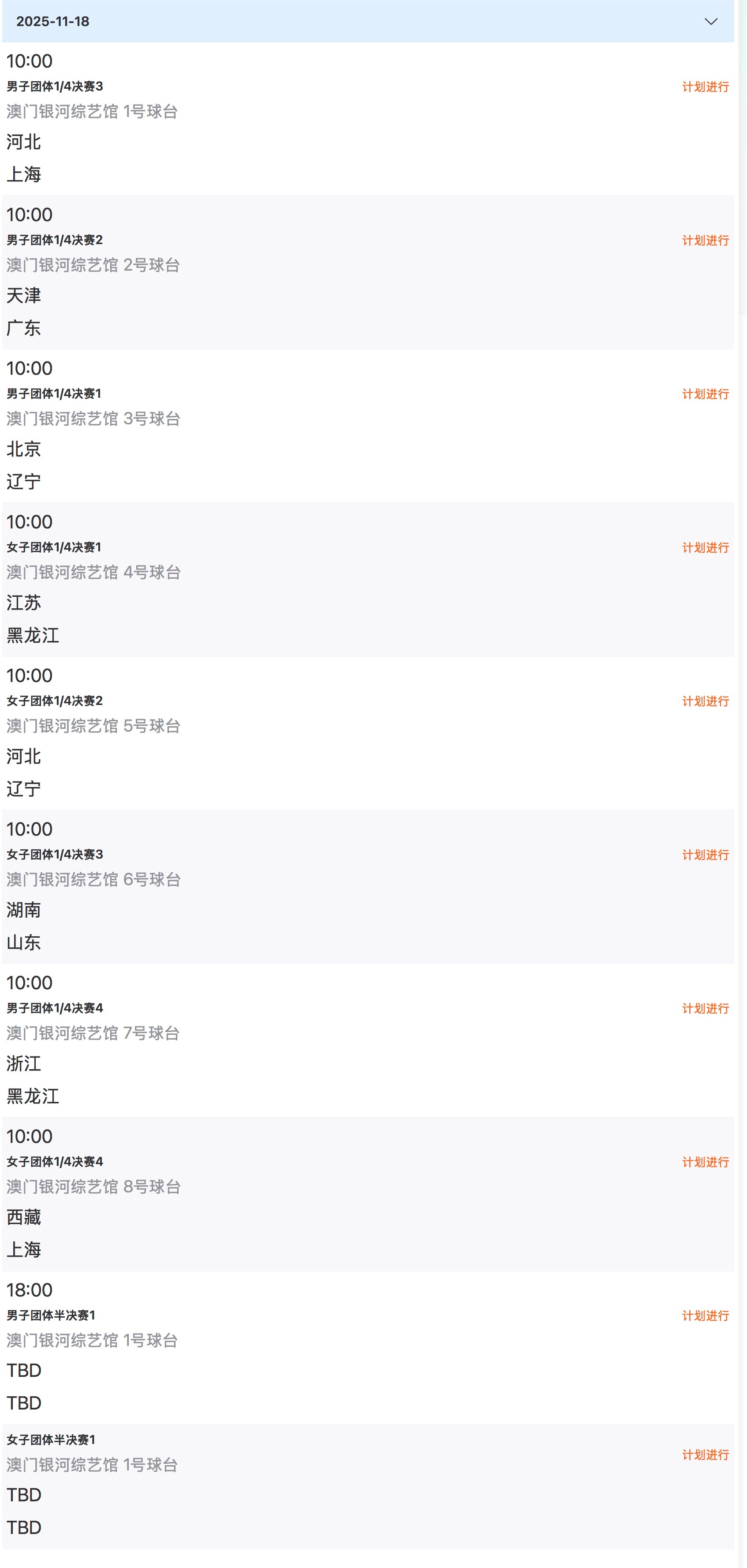 乒乓球项目11月18日赛程10:00 男、女团1/4决赛18:00 男、女团半决