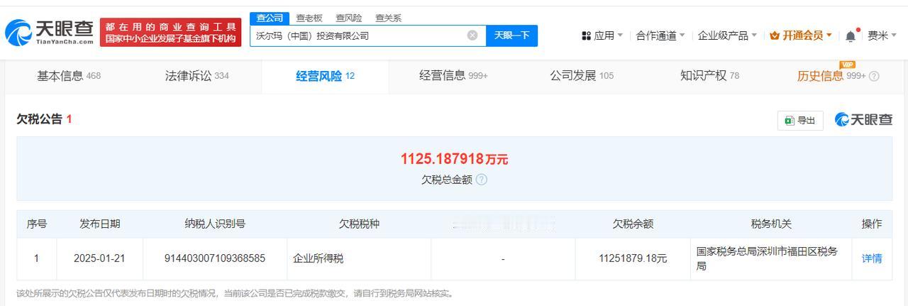 沃尔玛中国欠税1125万被公告