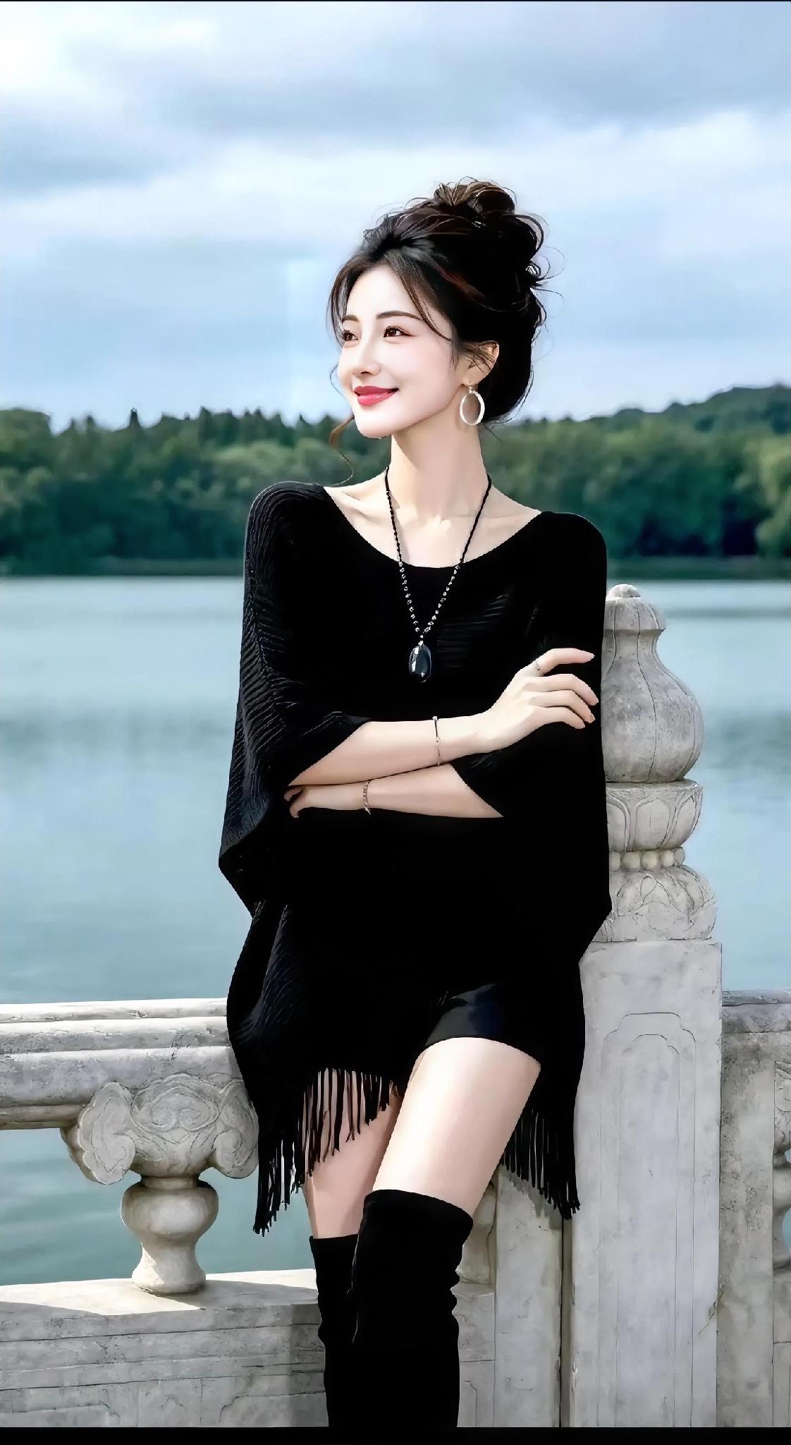 漫步湖畔，微风轻轻拂过，一身黑色流苏针织披肩，自带松弛优雅的氛围感。宽松的版型不