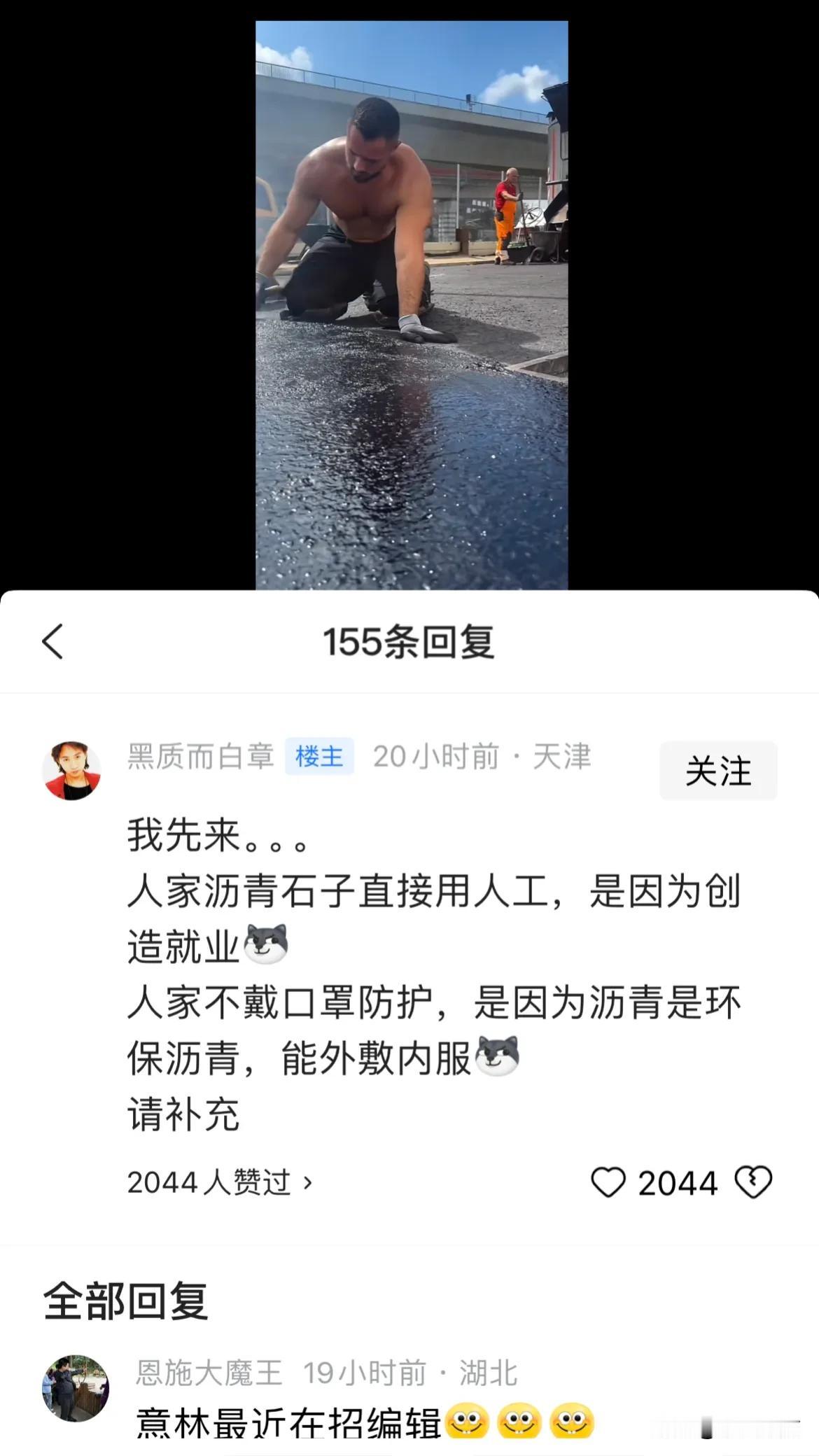 什么意林体，知音体
我大网友掌握的炉火纯青
就一个德国工人人工铺平沥青的视频下面