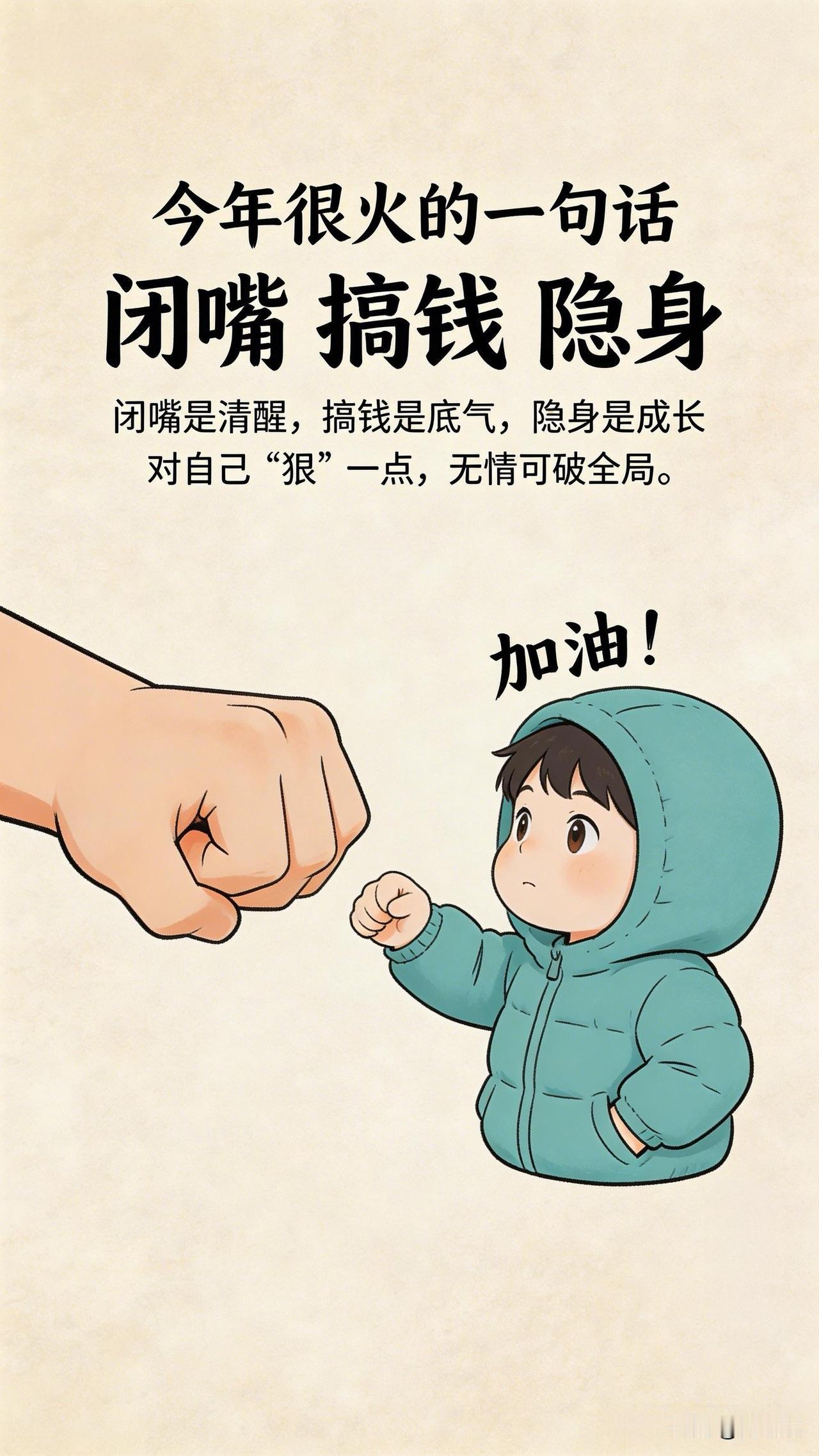 闭嘴，搞钱，隐身。闭嘴是清醒，搞钱是底气，隐身是成长。对自己狠一点，无情可破全局