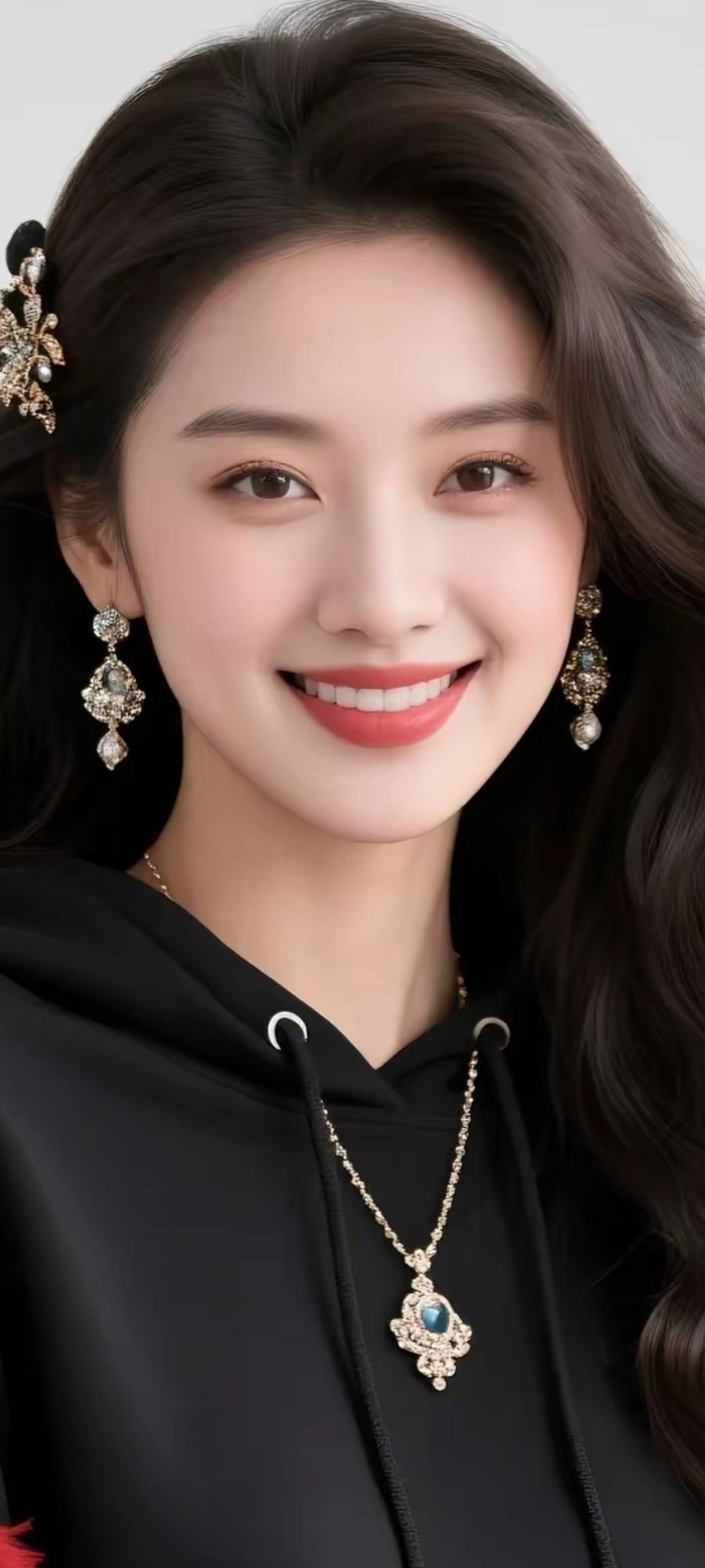 优雅黑衣少女，精致珠宝闪耀，微笑迷人！💎😊