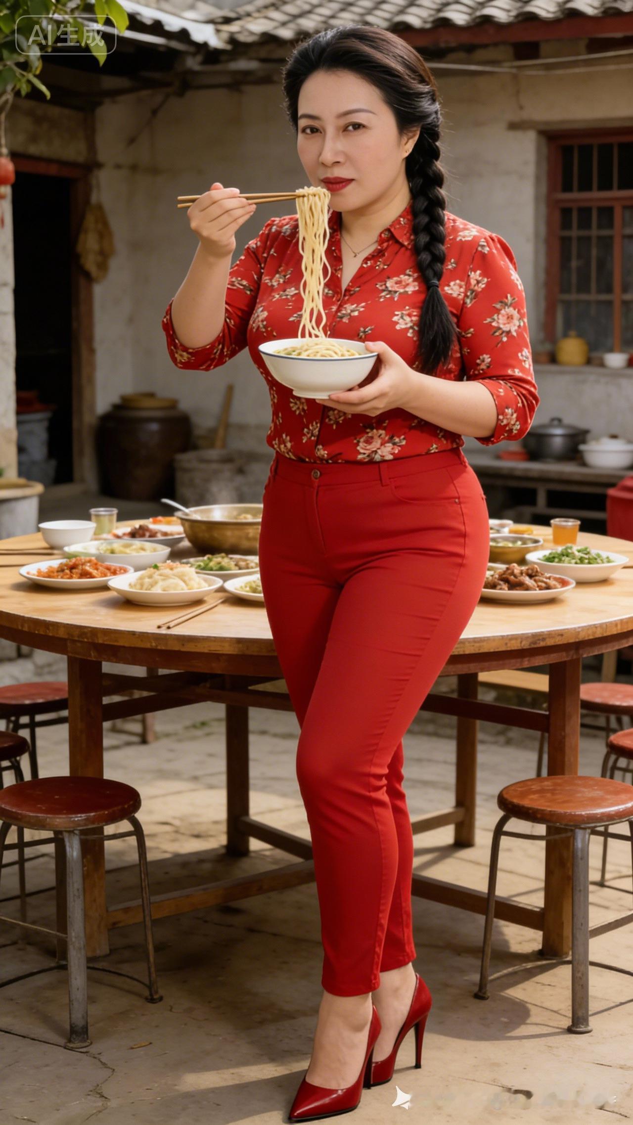 红衣美人品尝传统美食，怀旧与现代的完美结合！🍜💃🏻