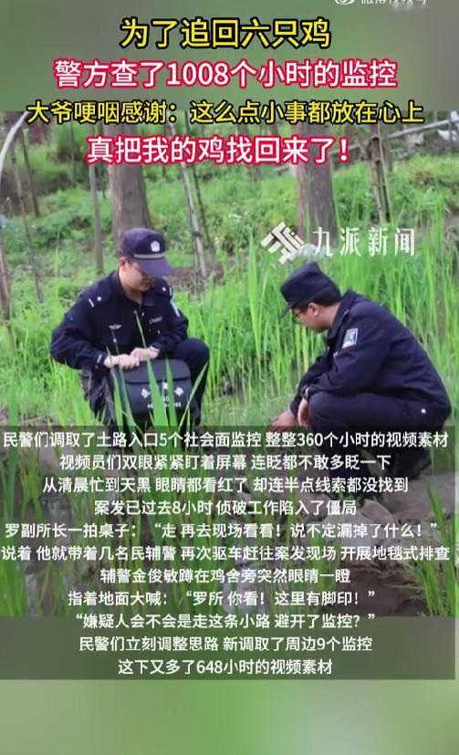 为追回6只鸡警方查了1008小时监控确实反映了警察的认真负责精神，群众再小的问题