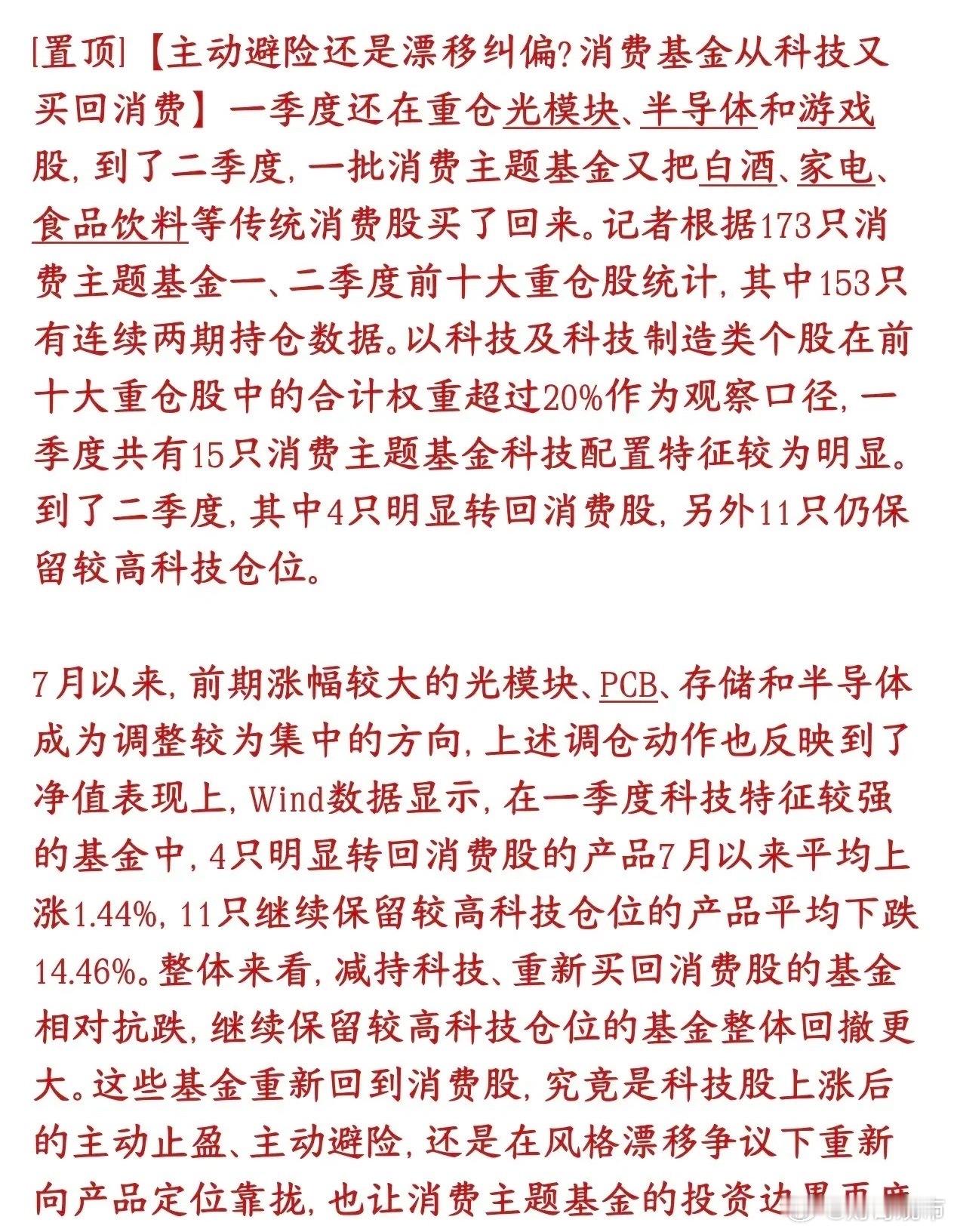 消费要起飞了，漂移的消费基金开始回归消费板块了数据显示，统计153只持续有持仓的