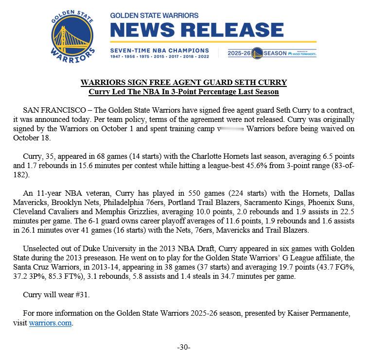 勇士今日宣布签下赛斯-库里。勇士官方发布