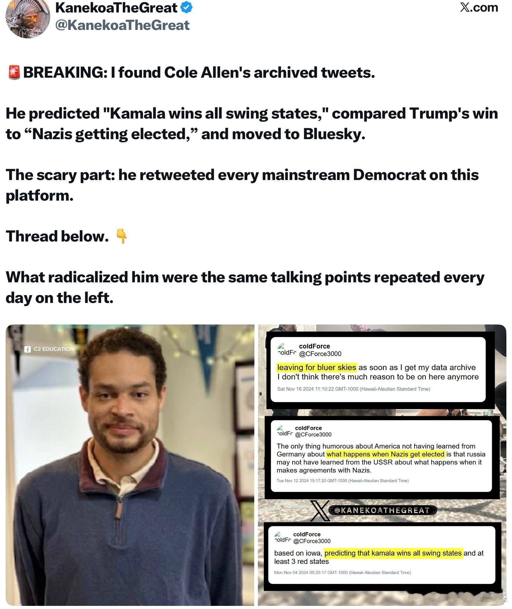 槍手的貼文存檔備份顯示：他曾預測“哈里斯會贏得所有搖擺州”，將川普的勝選比作“納