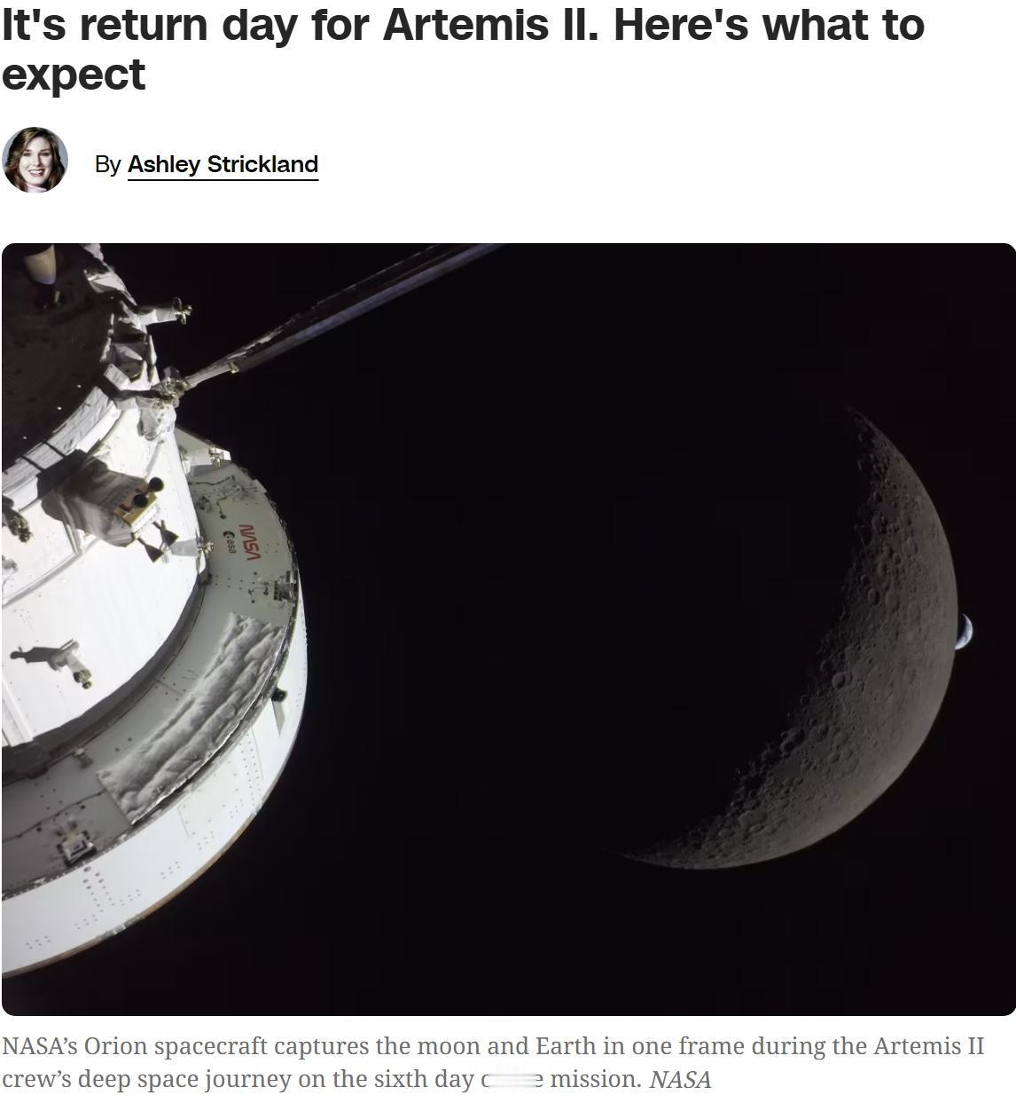 再过几个小时，NASA绕月飞船将重返地球
阿尔忒弥斯二号任务即将结束，几个小时后