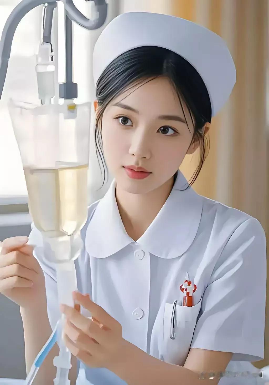这位护士正专注地调整输液管。