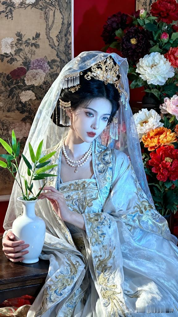 穿越时空的古典美人，手持白瓷花瓶，花团锦簇中尽显优雅气质。古典美女穿搭 古典女性