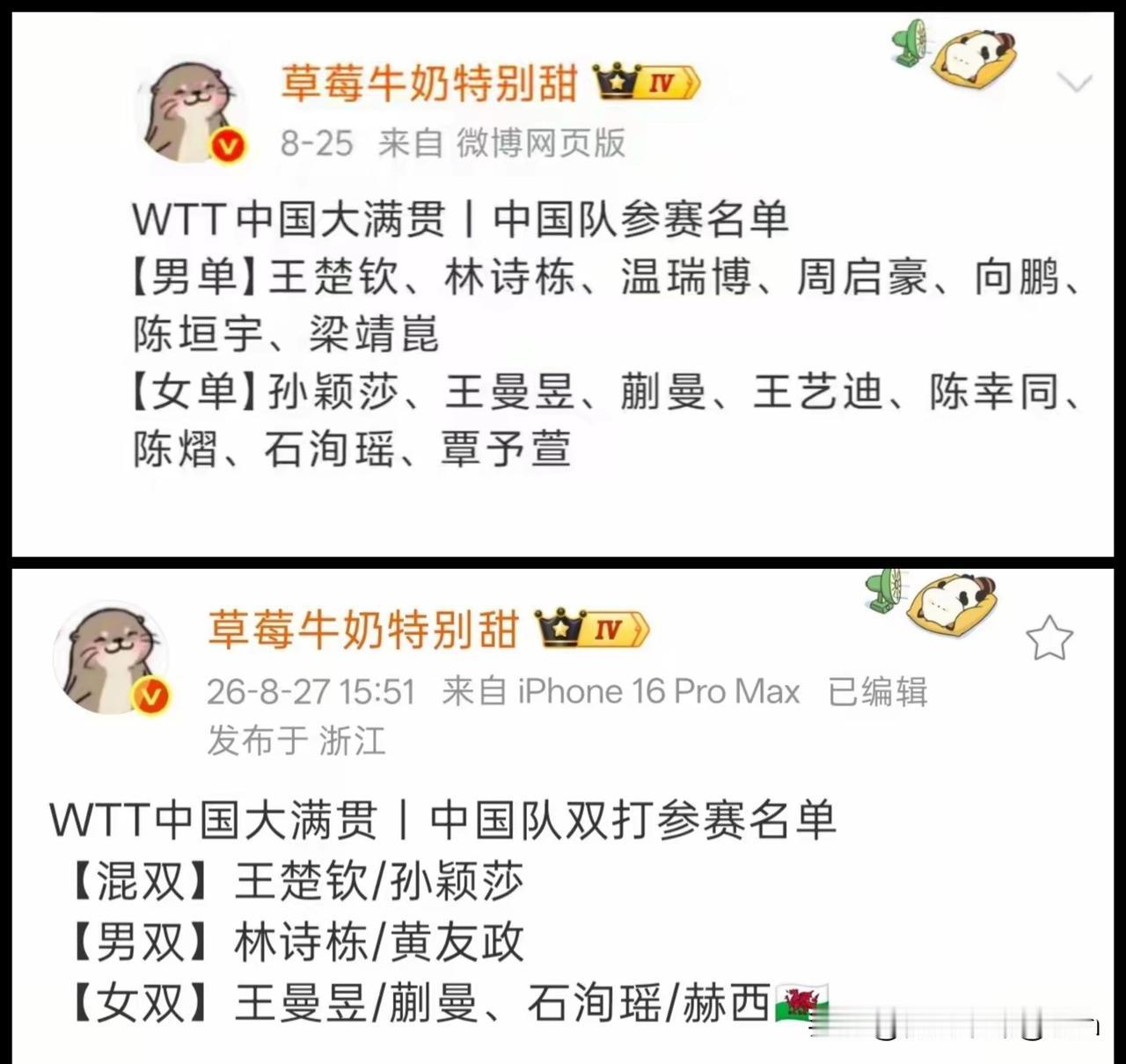 今天WTT中国大满贯的双打名单出来了，仔细一看，栋曼组合的混双竟然没出现在大名单