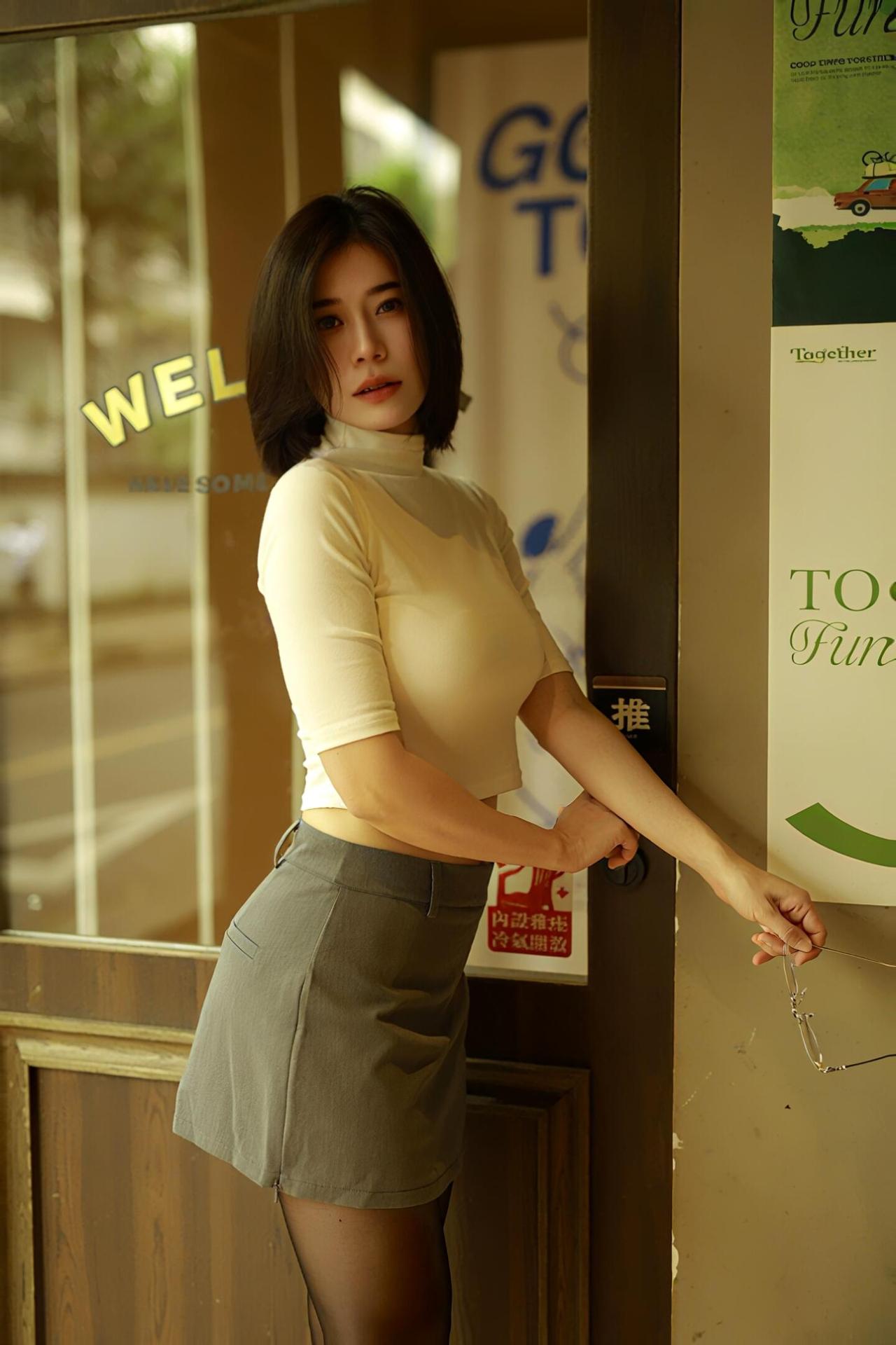 上衣的半高领设计，如温柔的笔触勾勒出颈部的纤细线条，中袖长度恰到好处，既保留了几