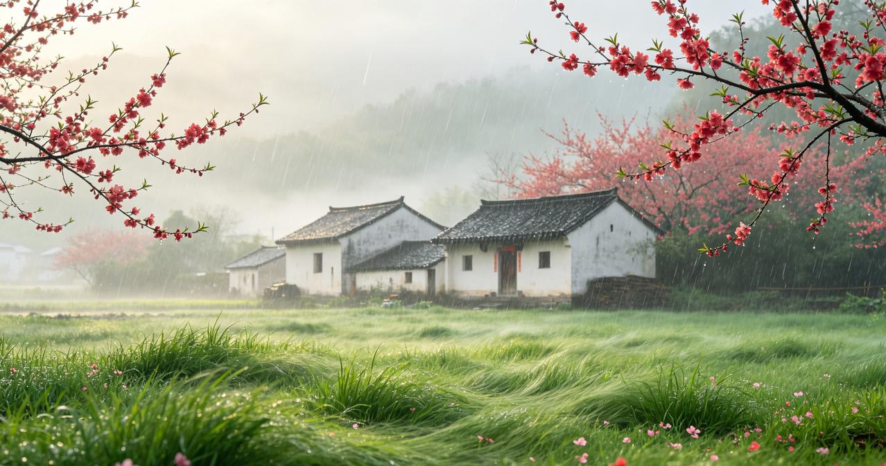 上联：柔风绿遍庭前草，
下联：细雨红透屋后花。

对联
