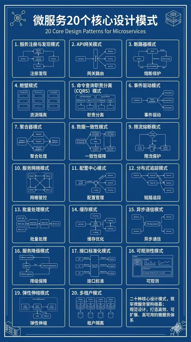 微服务20个核心设计模式。这20个模式专治分布式系统的耦合与宕机。它们定义了服务