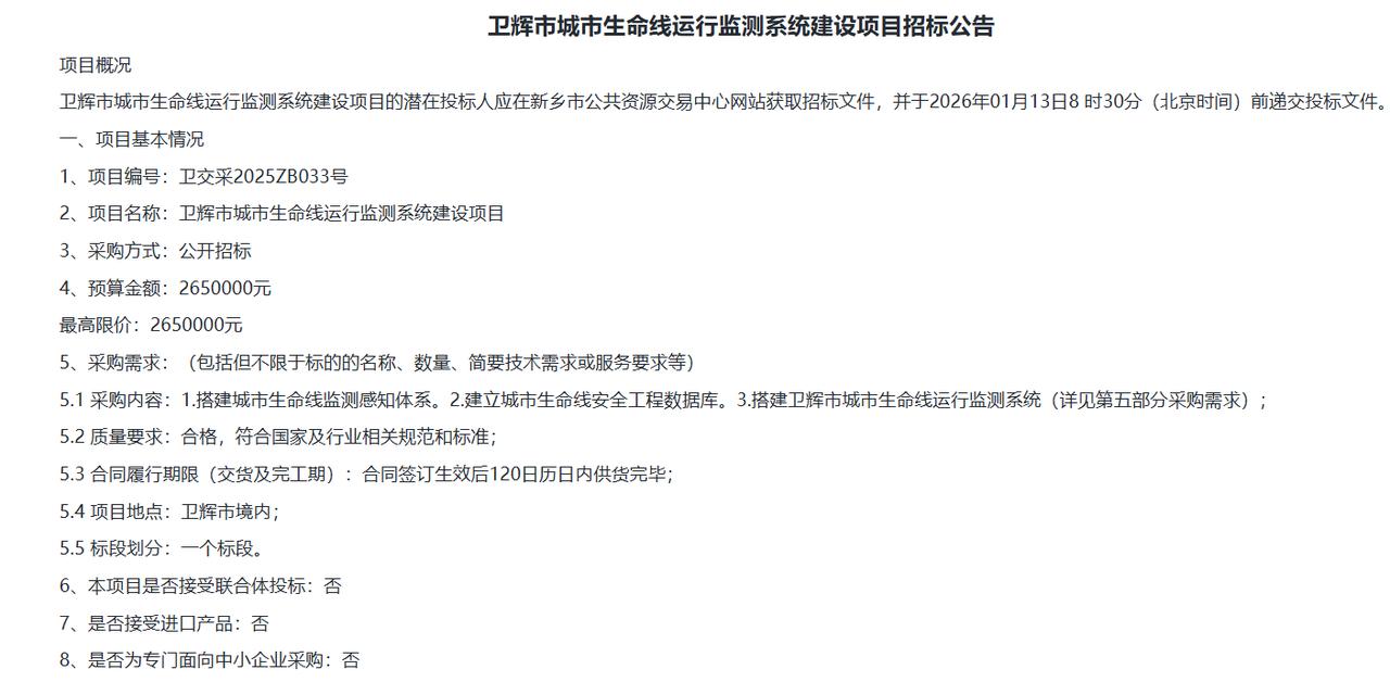 卫辉市城市生命线运行监测系统建设项目-公开招标公告，预算265万元