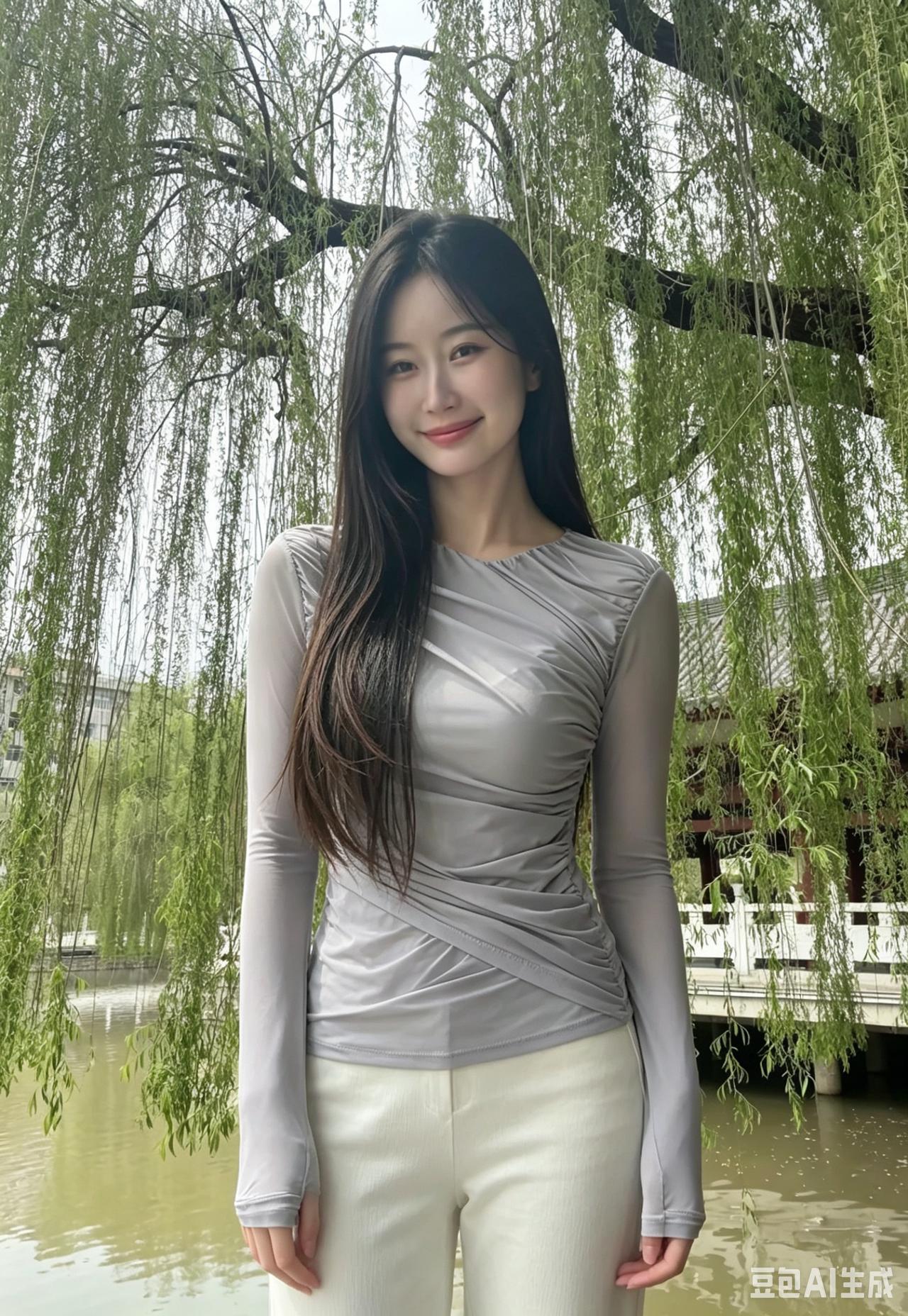 湖畔晴光映玉颜，长发垂肩意自闲。
花开陌上皆失色，人间春色逊眉弯。