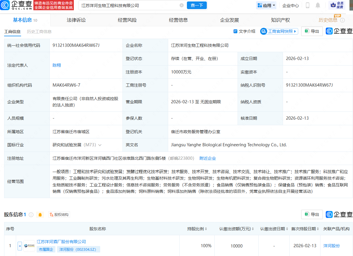 洋河股份投资成立生物工程科技公司