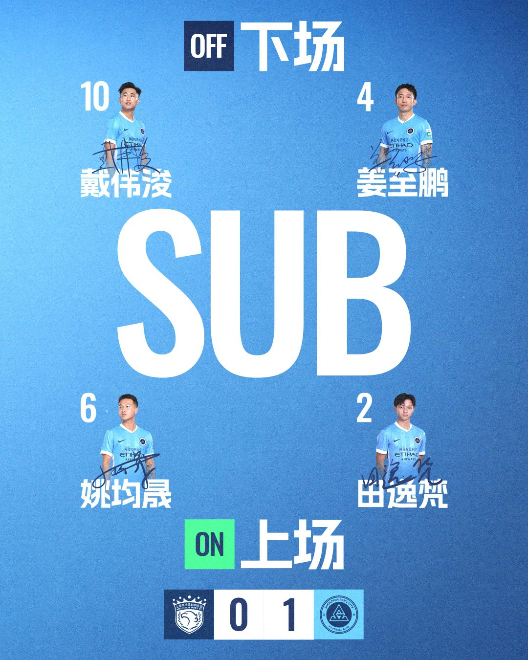第82分钟，深圳新鹏城换人姚均晟和田逸梵登场换下姜至鹏和戴伟浚上海海港vs深圳新