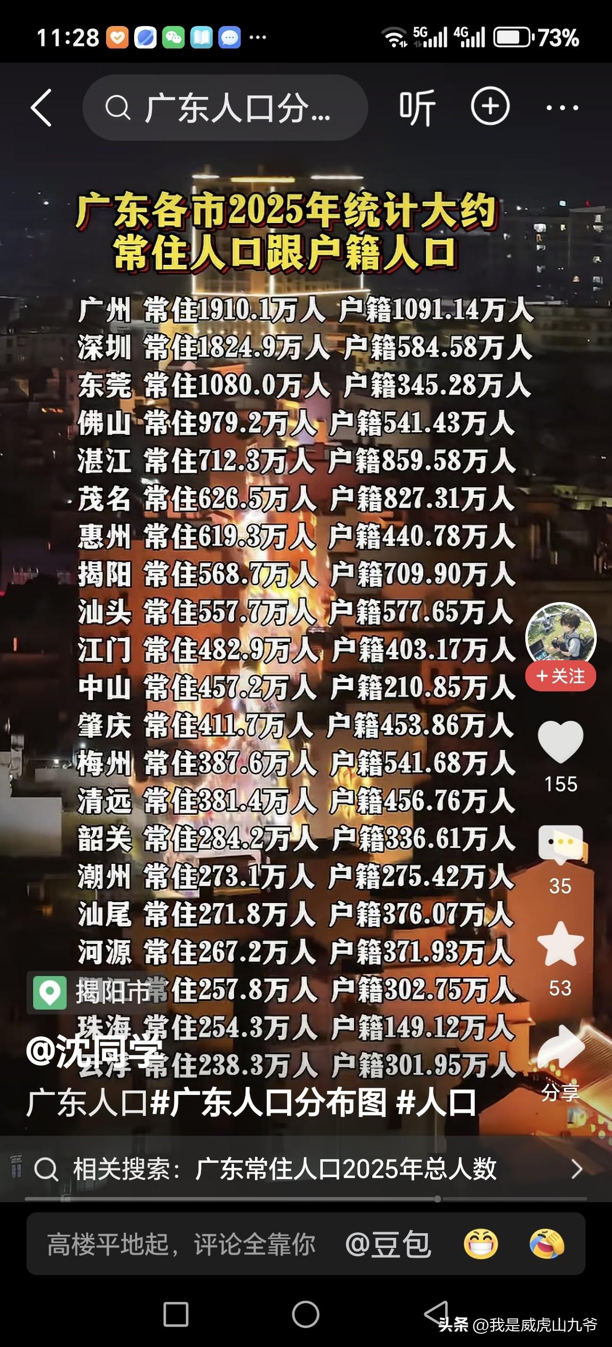 大家快来看看广东省各市的常住人口和户籍人口，从中可以了解到广东省的人口结构状况。