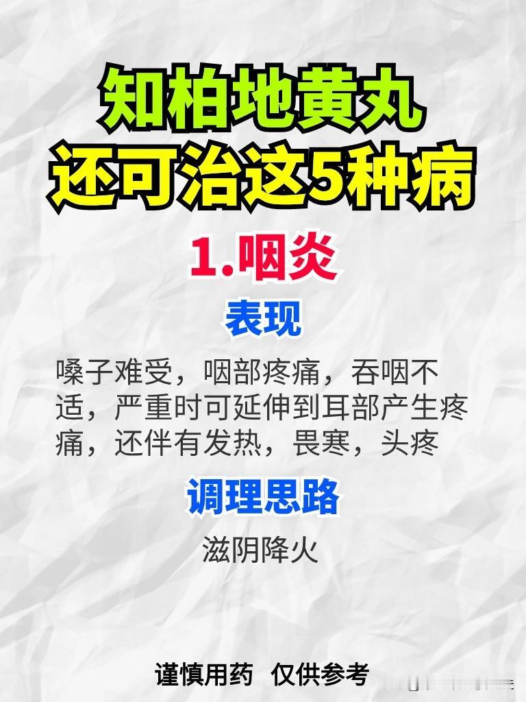 知柏地黄丸还可治这5种病
1.咽炎表现
嗓子难受，咽部疼痛，吞咽不适，严重时可延