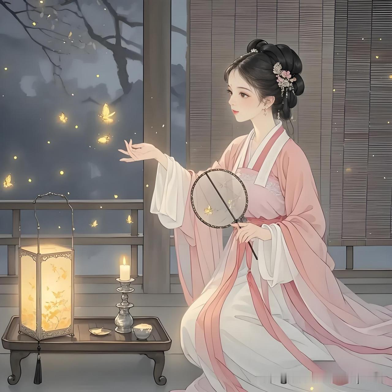 《暑夜》
——宋·朱淑真
水亭相对已黄昏，
静数飞萤过小园。
窗下孤灯自明灭，