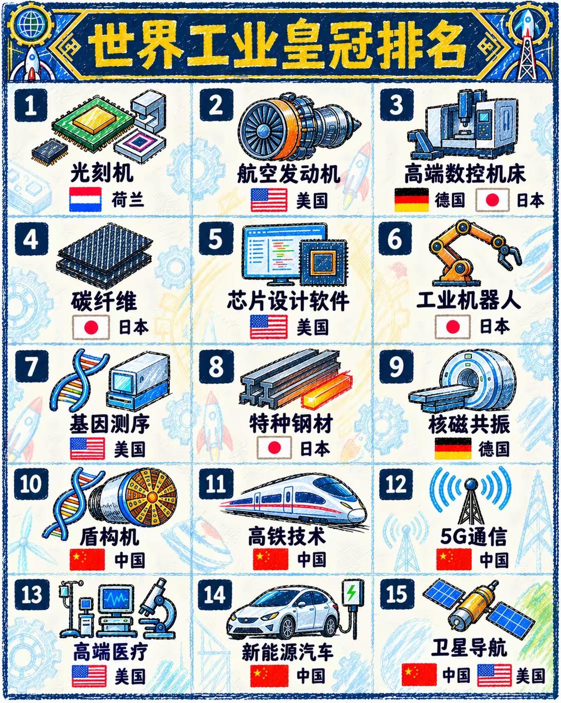 世界工业皇冠排名，共十五项，中国占五项，三分之一，占比可观，值得可贺。分别是盾构