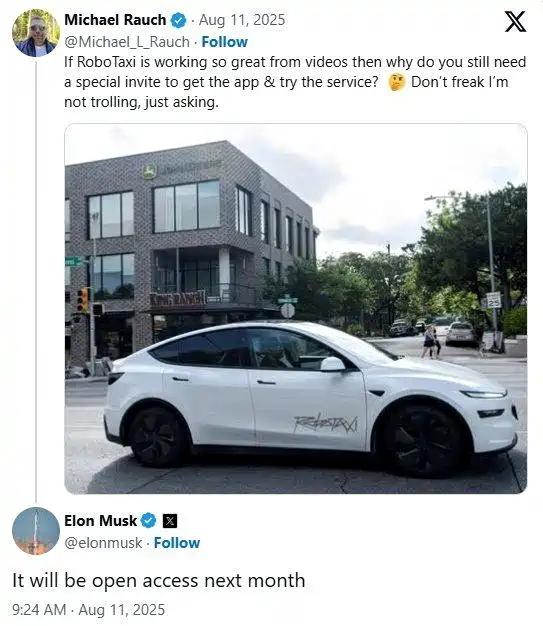 特斯拉Robotaxi最新消息！
马斯克亲自拍板：下个月就正式对公众开放[吃瓜群