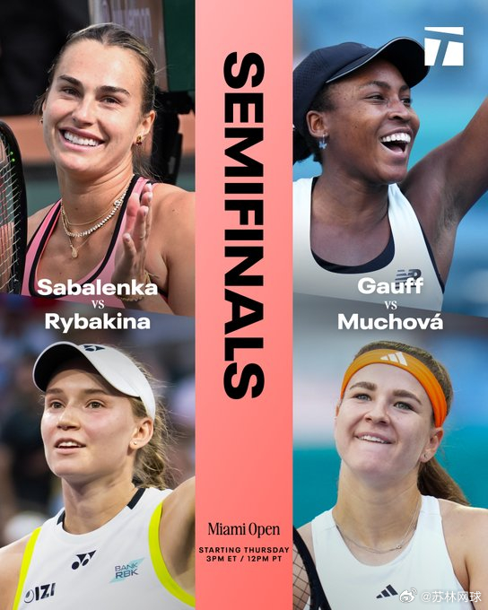 ATP1000迈阿密1/4决赛01:00，2辛纳vs19蒂亚福07:00，3兹维