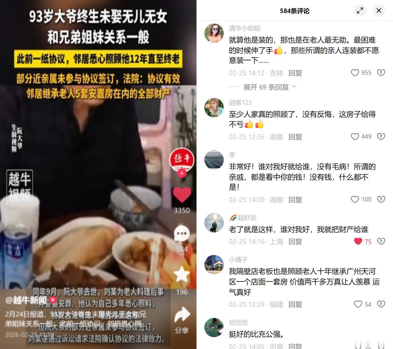 邻居照顾孤寡老人12年，获5套房

93岁阮大爷无儿无女，和亲戚关系疏远。2